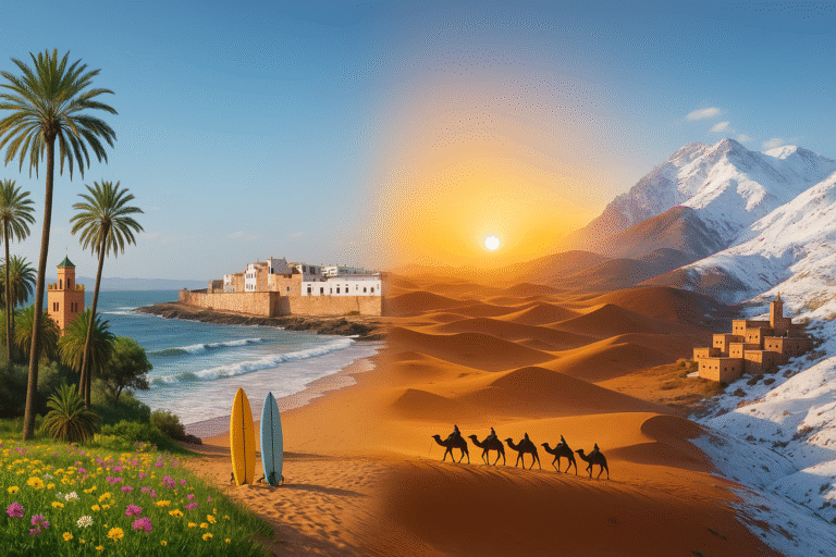 A cinematic travel montage showing the best time to visit Morocco across the four seasons.