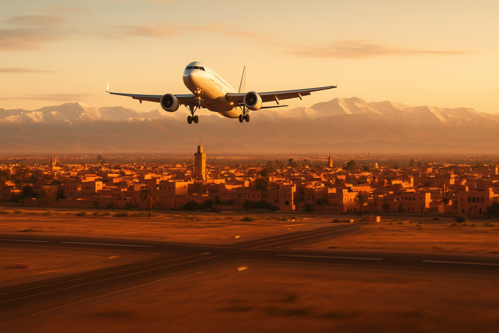 Aerial view of Marrakech Menara Airport with Atlas Mountains in the background