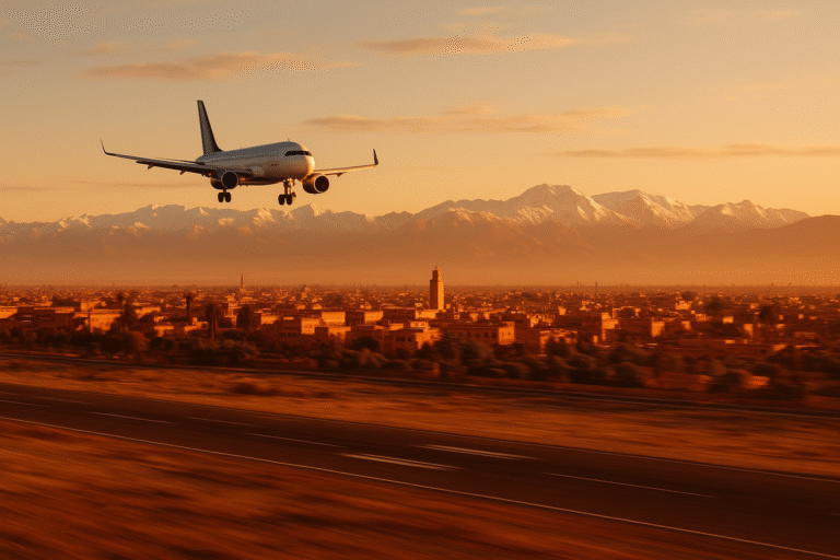 Aerial view of Marrakech Menara Airport with Atlas Mountains in the background - Flights to Morocco