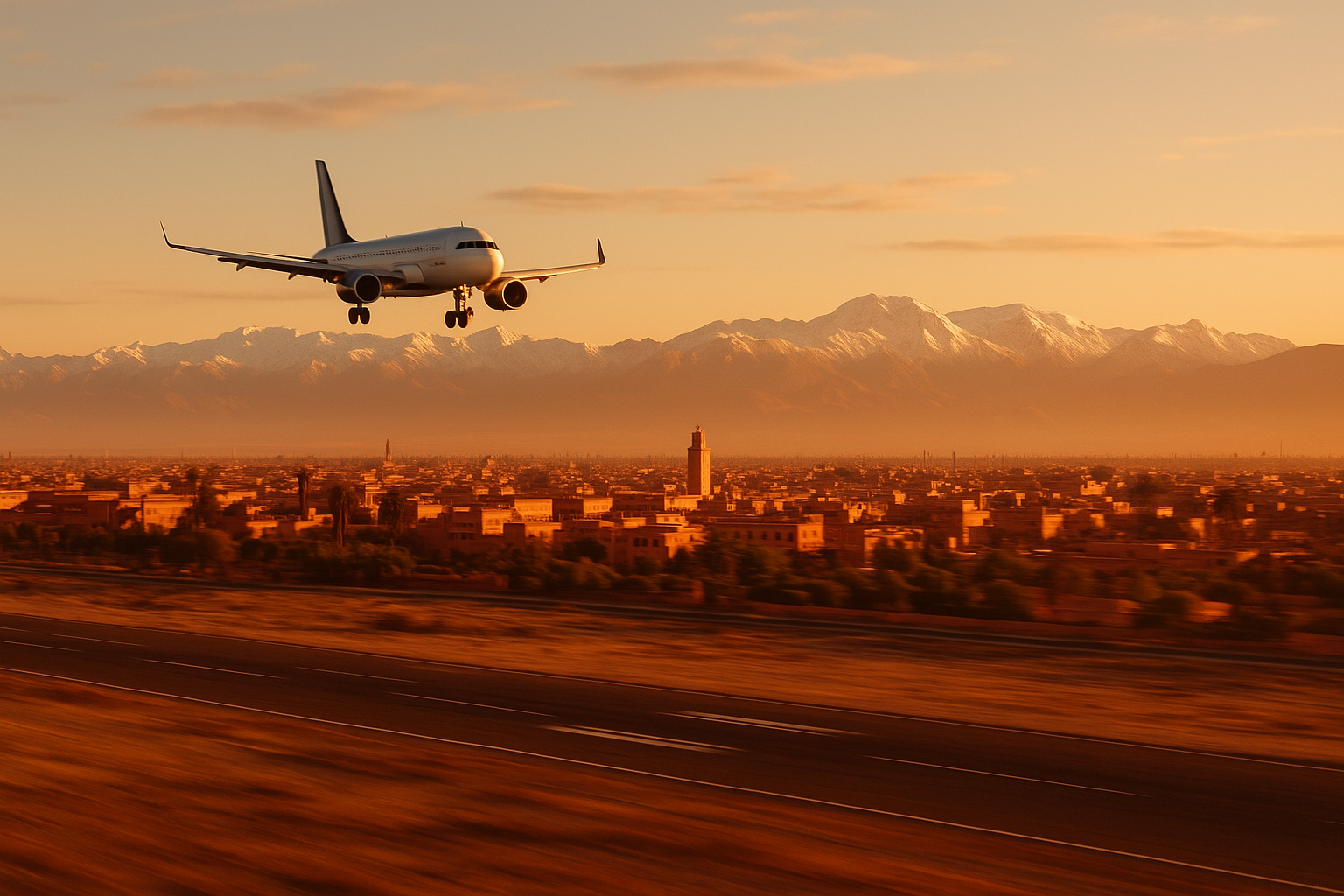 Aerial view of Marrakech Menara Airport with Atlas Mountains in the background - Flights to Morocco