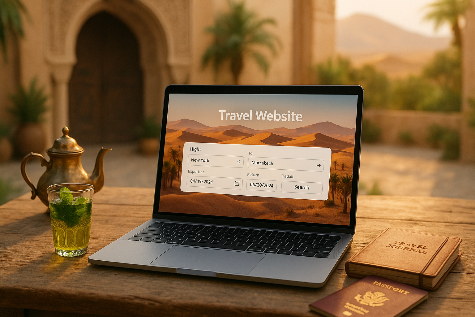 A scenic composition showing a travel-themed website open on a laptop, placed on a rustic wooden table beside a Moroccan mint tea, travel journal, and a passport.