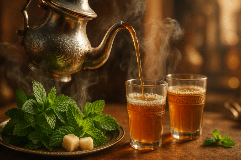 Traditional Moroccan tea set with fresh mint leaves and a silver teapot.