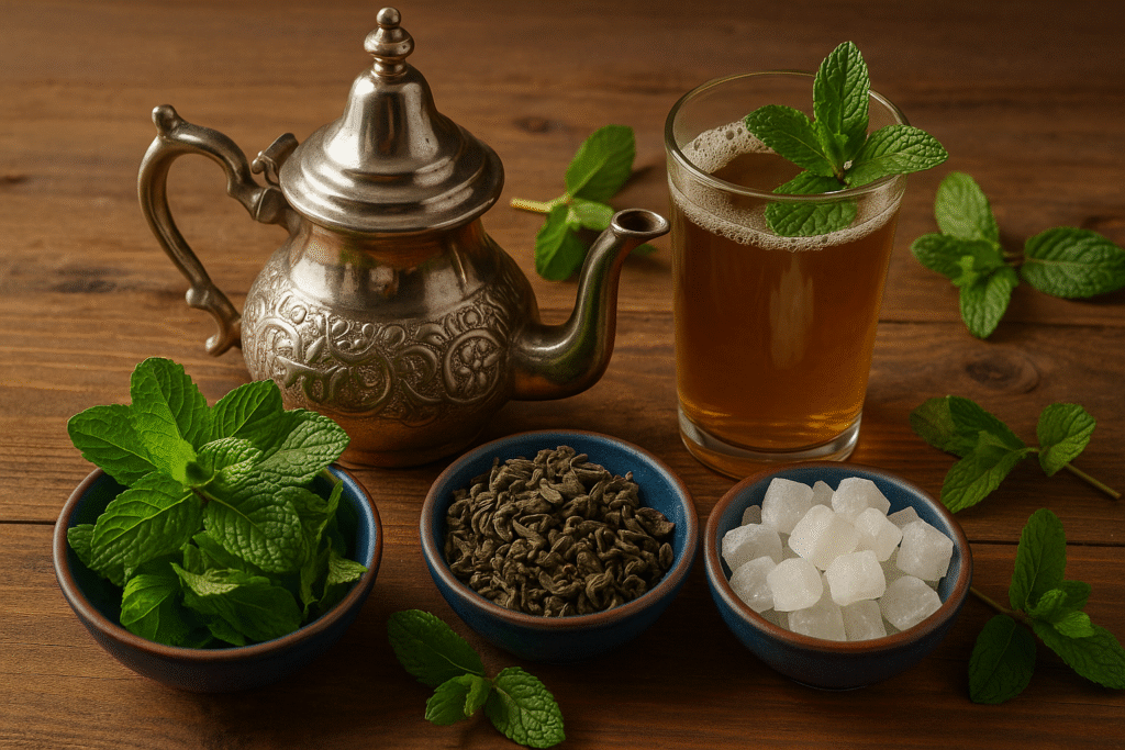 Traditional Moroccan tea set with fresh mint leaves and a silver teapot.