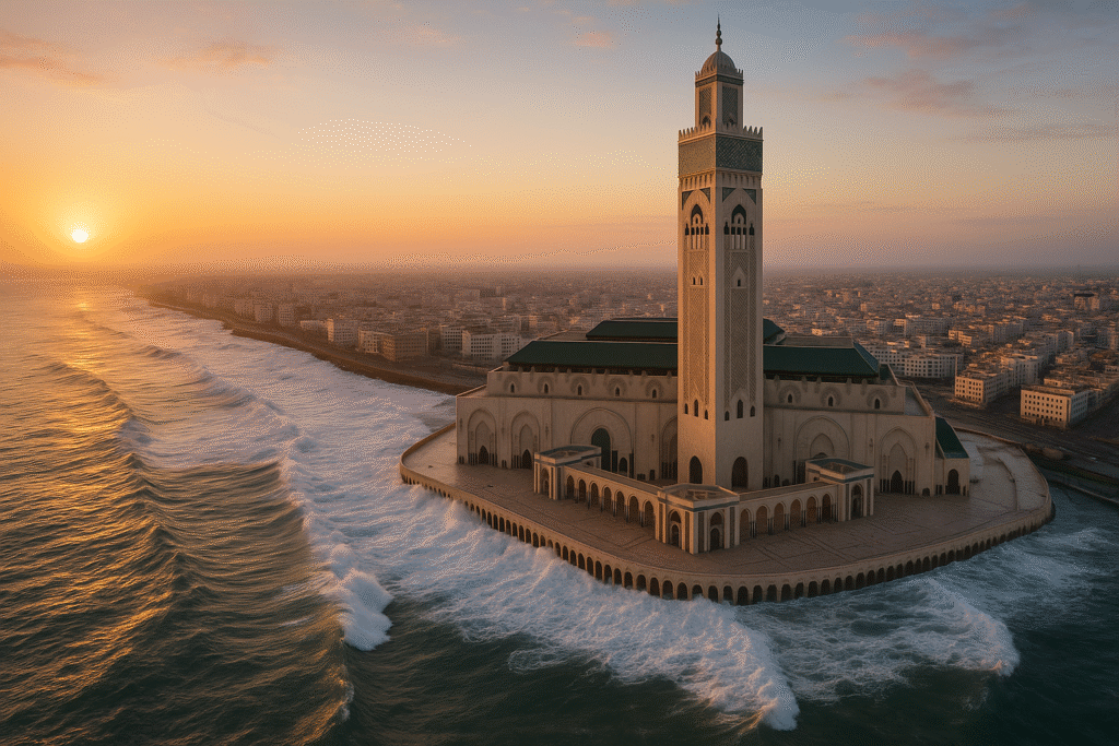 Aerial panoramic shot of the Hassan II Mosque at sunrise, Atlantic Ocean waves crashing below.