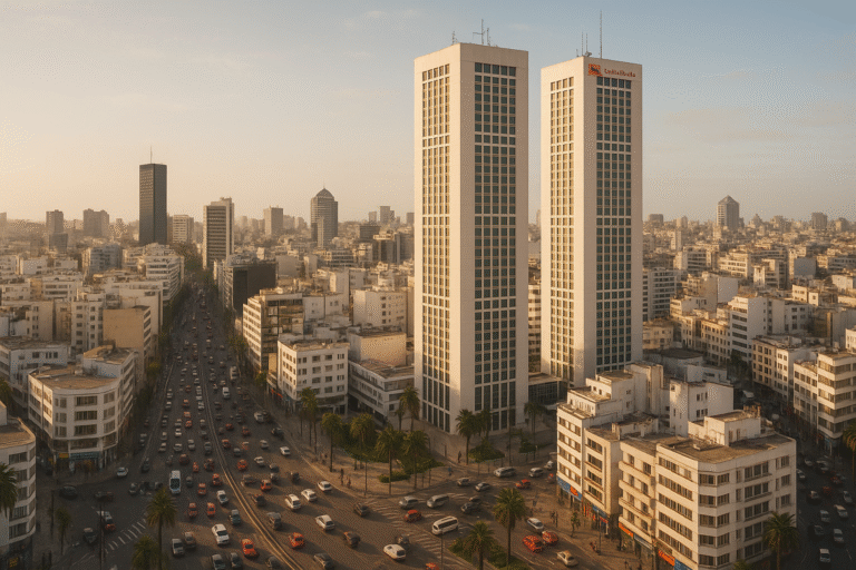 Twin Center towers in the Maarif district, modern skyline of Casablanca Morocco with bustling streets below.