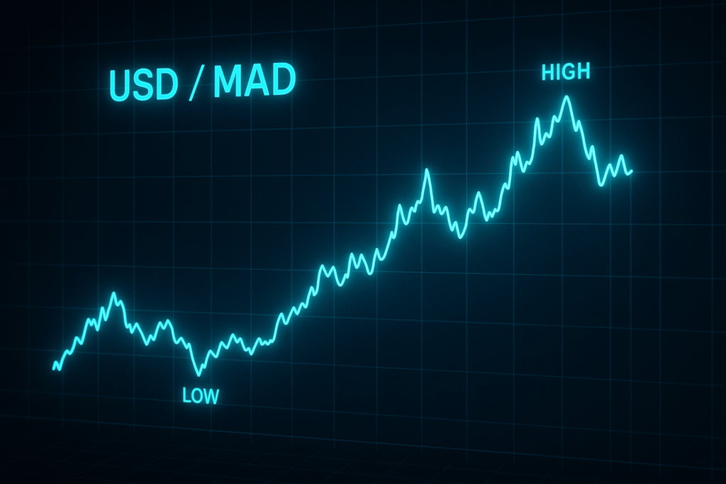 A professional financial chart showing USD to Moroccan Dirham exchange rates over time, line graph with highlighted highs and lows, futuristic data visualization style, glowing grid, dark background