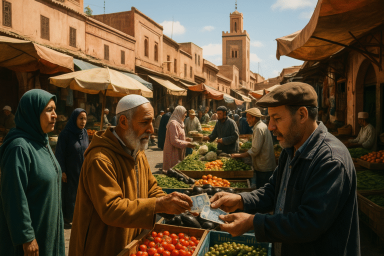 A bustling Moroccan street market with vendors exchanging cash, Moroccan dirham banknotes visible, traditional architecture in the background, bright daylight, cinematic composition
