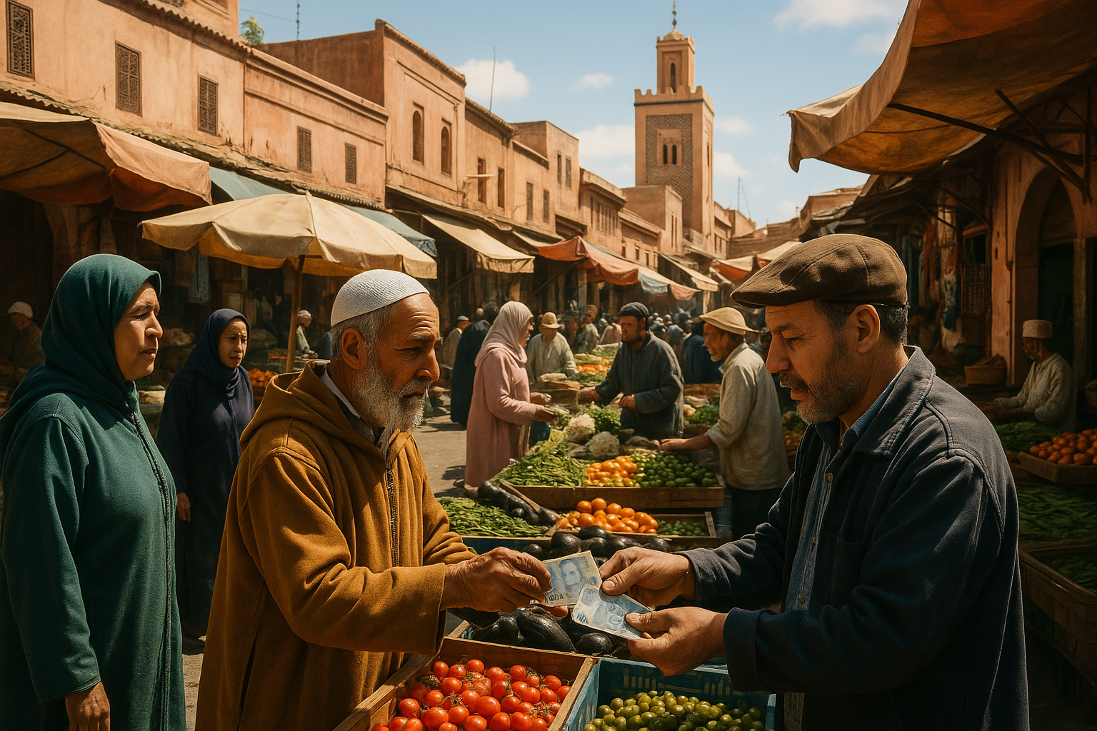 A bustling Moroccan street market with vendors exchanging cash, Moroccan dirham banknotes visible, traditional architecture in the background, bright daylight, cinematic composition