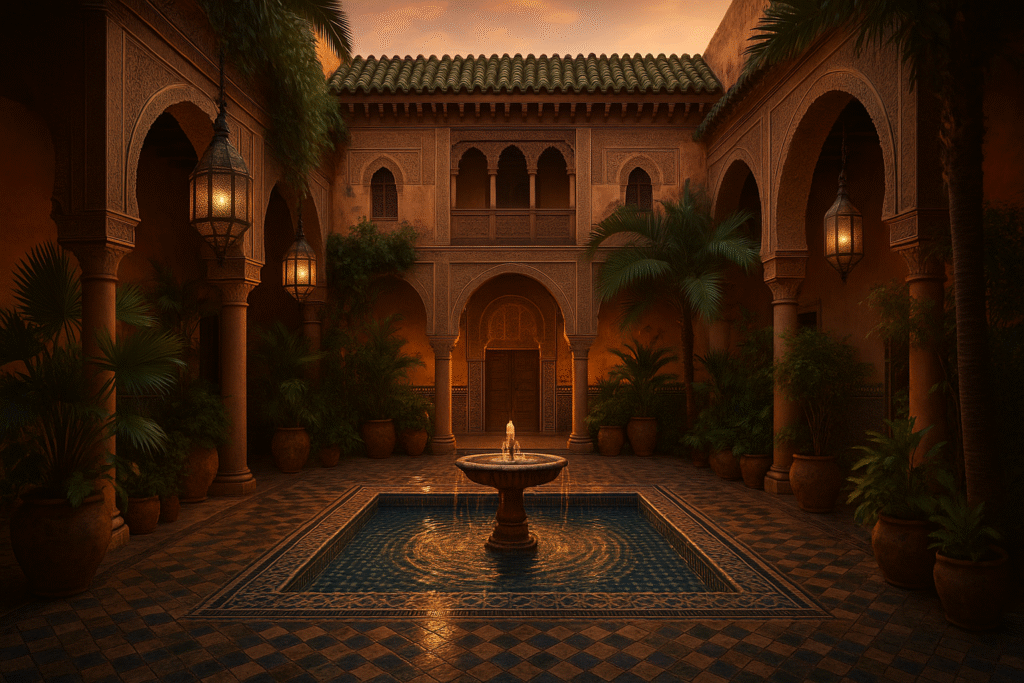 Traditional Moroccan riads in Marrakech with a central courtyard, tiled fountain, and lush greenery.