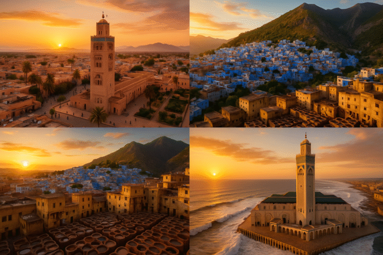 A cinematic aerial montage of iconic Morocco Cities