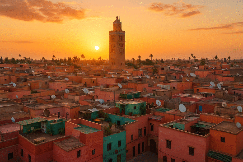 Aerial view of Marrakech medina with colorful rooftops and Koutoubia Mosque at sunset.