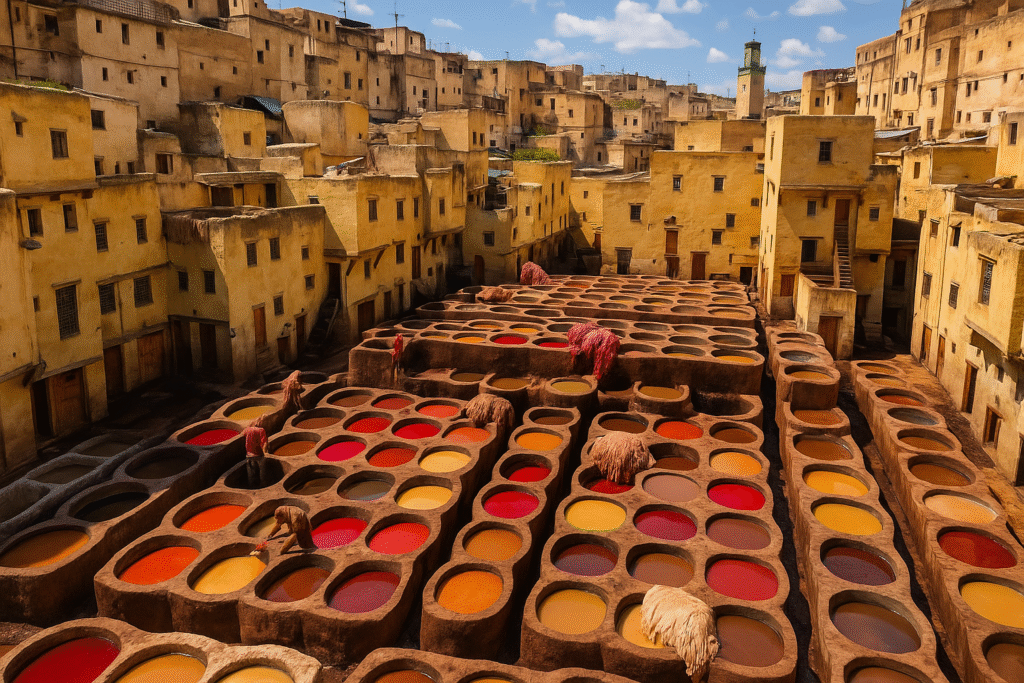 Traditional leather tanneries in Fes with vibrant dyed pits and old medina houses.
