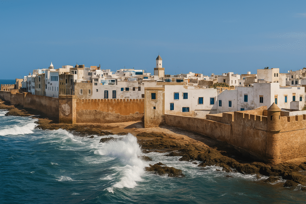 Panoramic view of Essaouira medina with Atlantic Ocean waves hitting the city walls.