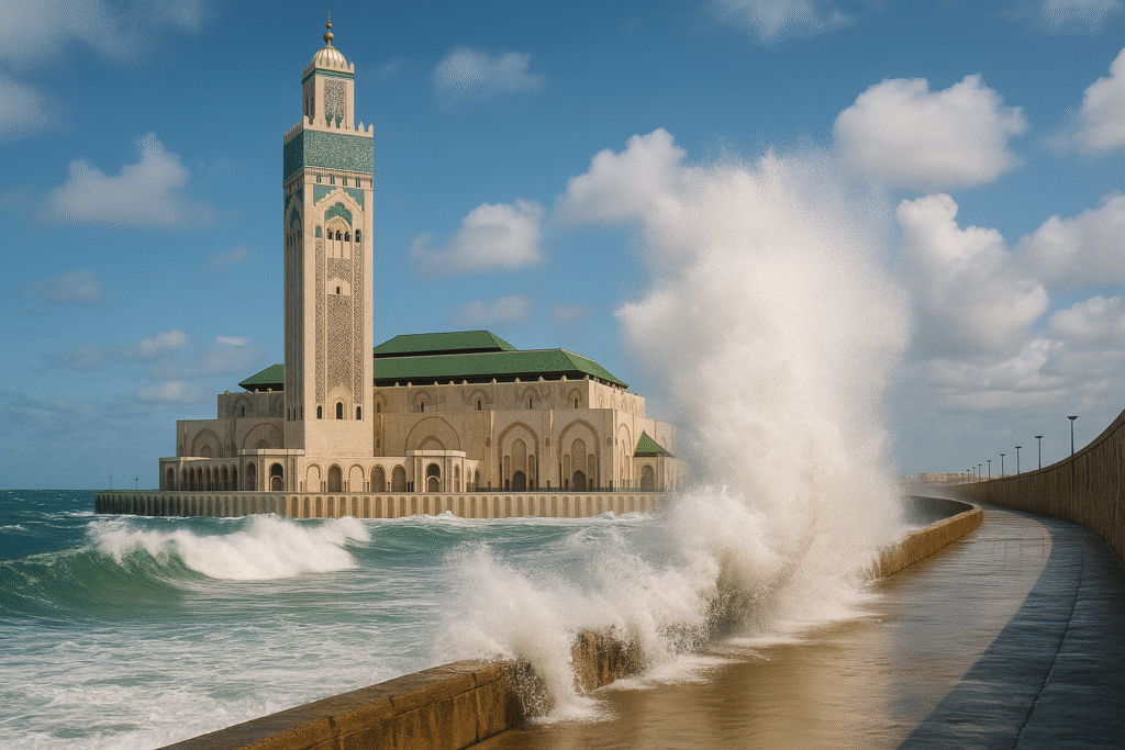 Hassan II Mosque in Casablanca with waves crashing against the seaside promenade.