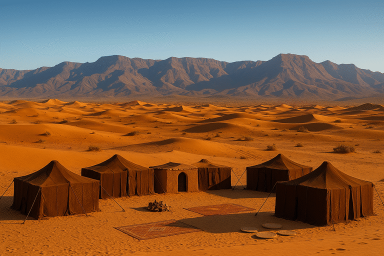 A cinematic wide shot of Morocco in October, showing a golden desert under a clear blue sky, with the Atlas Mountains in the background and a traditional Berber camp in the foreground. Weather in Morocco in October