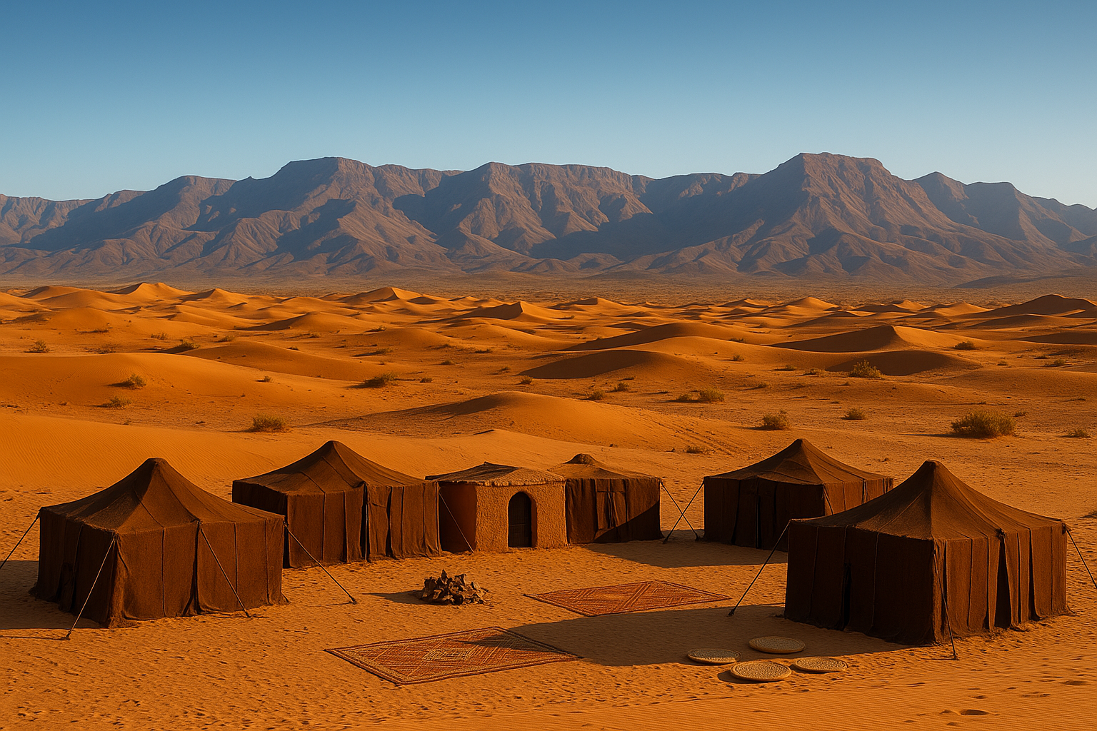 A cinematic wide shot of Morocco in October, showing a golden desert under a clear blue sky, with the Atlas Mountains in the background and a traditional Berber camp in the foreground. Weather in Morocco in October