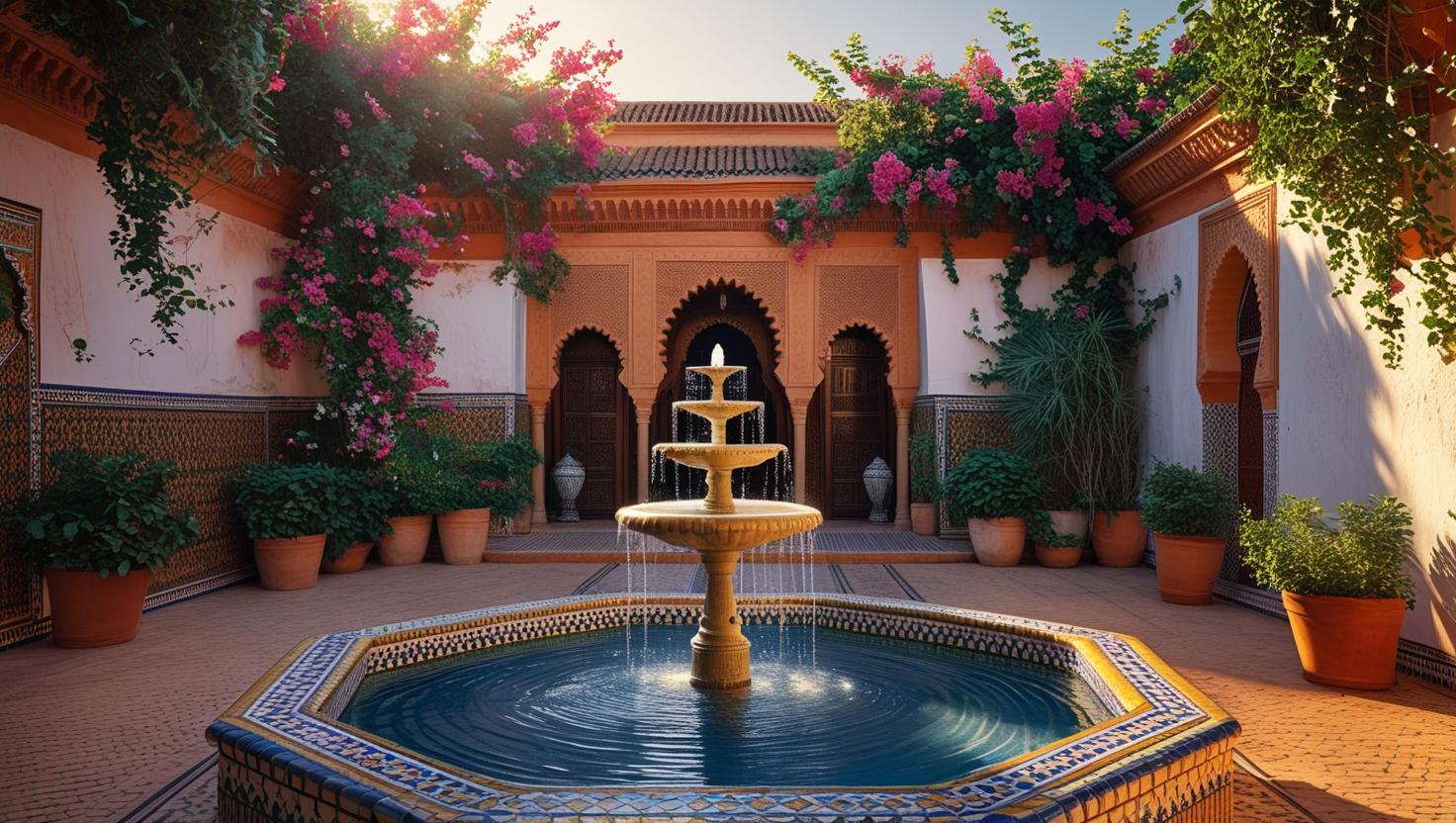 Traditional Moroccan riads in Marrakech with a central courtyard, tiled fountain, and lush greenery.