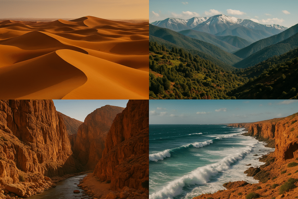 Desert dunes, Atlantic coast, and green mountains in Morocco showing its diverse climate. Unique facts about morocco