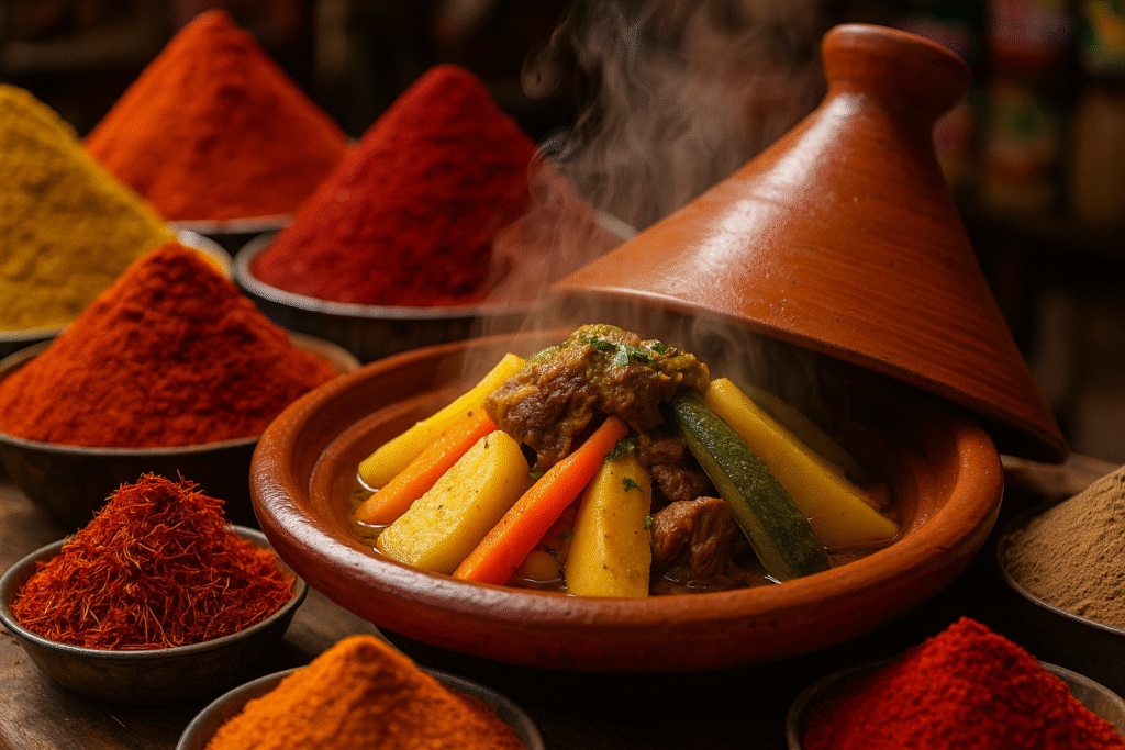 Traditional Moroccan tagine with vegetables and spices on a table. Unique facts about morocco