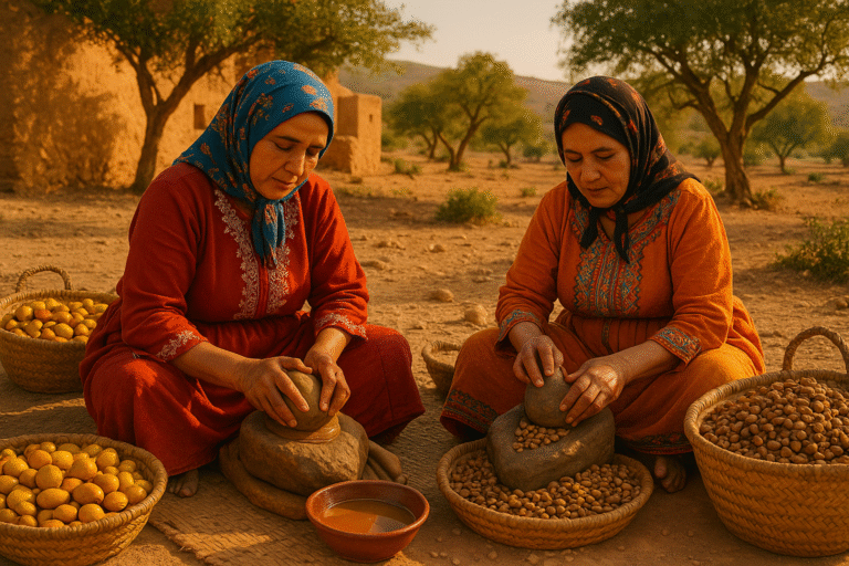 Berber woman hand-pressing argan nuts to make argan oil in Morocco. Unique facts about morocco