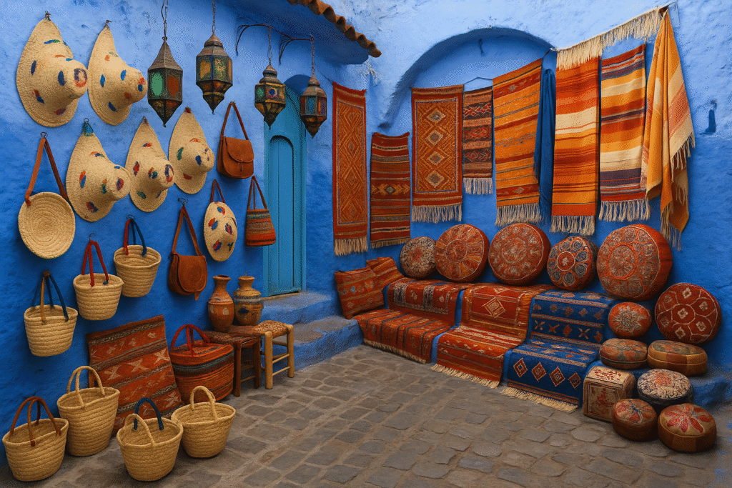 Local Moroccan crafts and textiles in Chefchaouen’s blue medina. Chefchaouen Morocco.