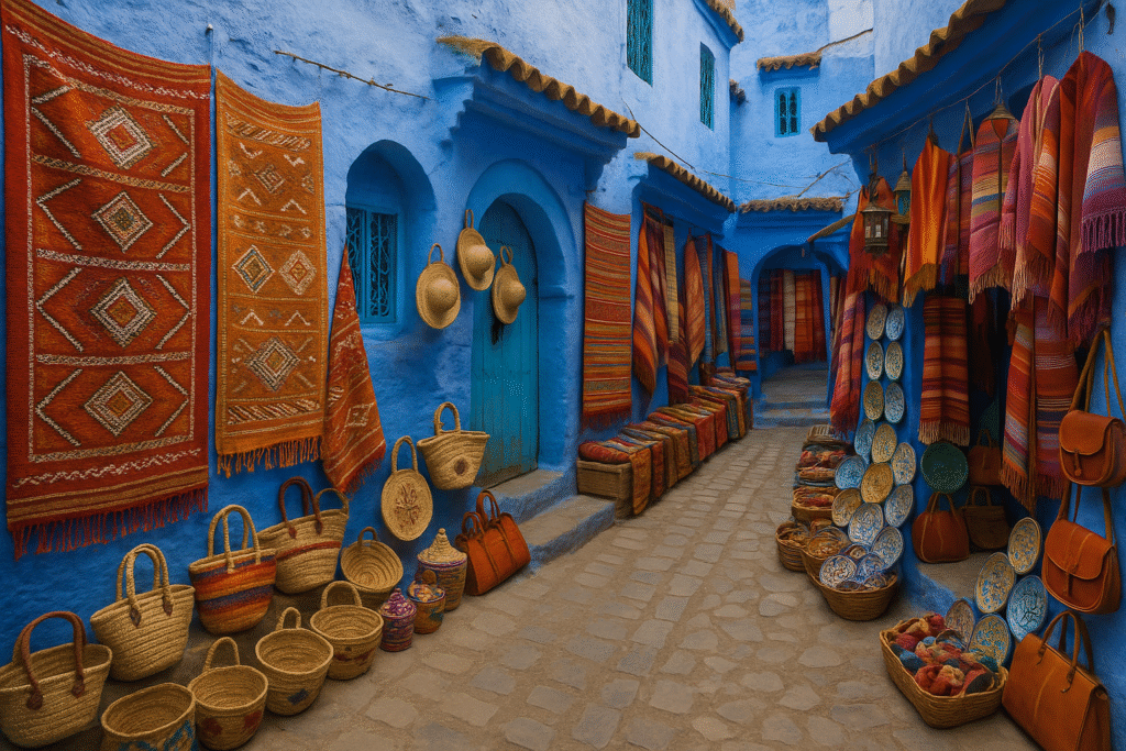 Local Moroccan crafts and textiles in Chefchaouen’s blue medina. Chefchaouen Morocco.