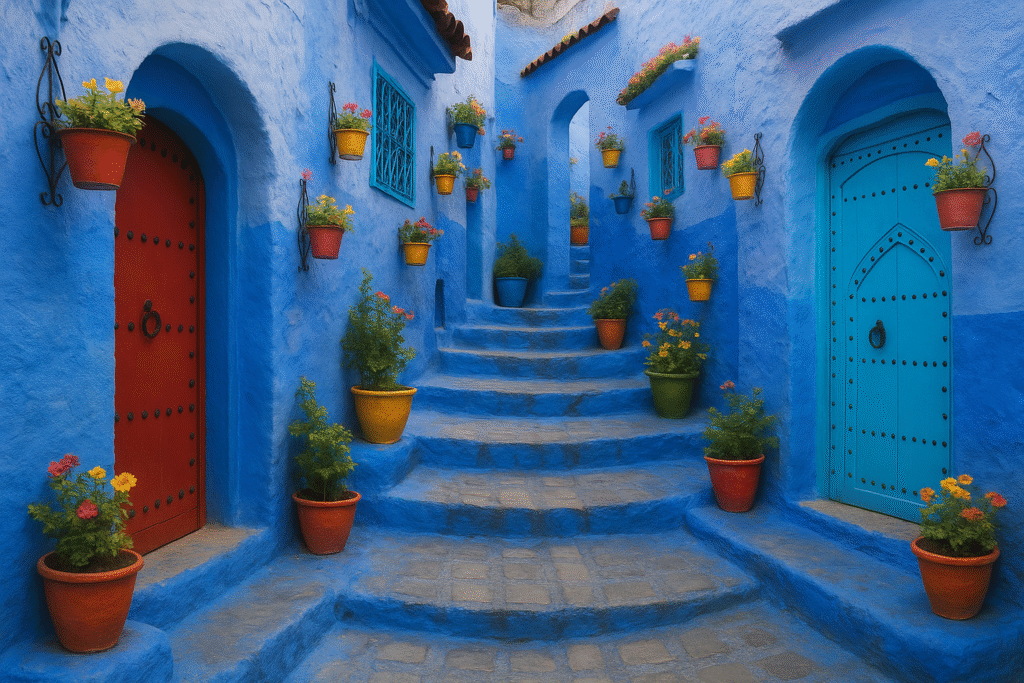 Scenic blue alleyway in Chefchaouen, Morocco with flower pots and colorful doors. Chefchaouen Morocco.