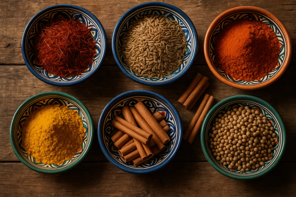 Assorted Moroccan spices including saffron, cumin, paprika, turmeric, cinnamon, and coriander in colorful ceramic bowls on a rustic wooden table