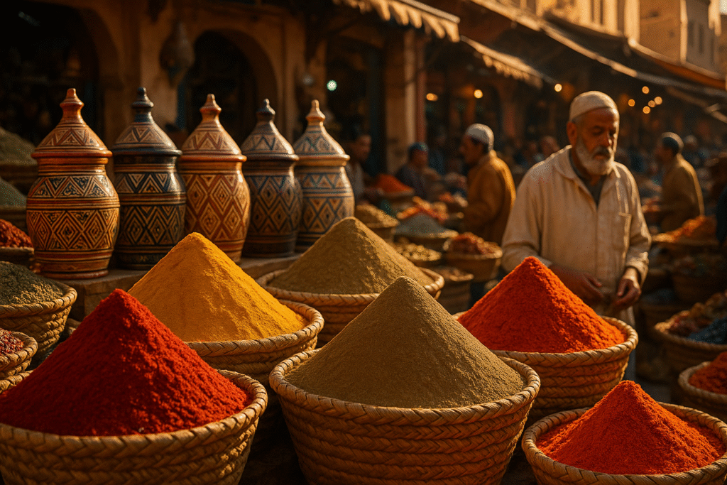Vibrant Moroccan spices market with colorful mounds of paprika, turmeric, cumin, and saffron in woven baskets under warm golden light