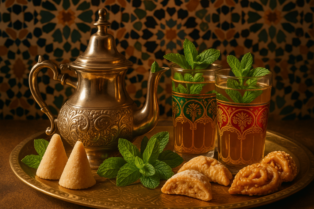 Traditional Moroccan tea served in decorated glasses with fresh mint leaves.