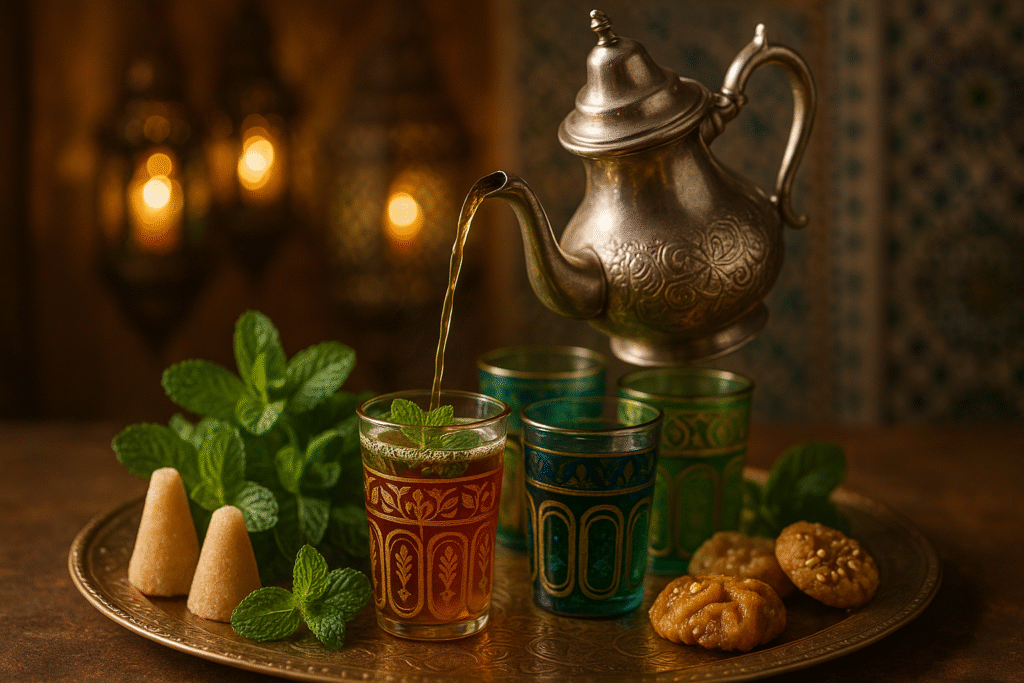 Moroccan tea being poured from a silver teapot into small decorated glasses, with fresh mint, sugar cones, and traditional Moroccan pastries on a wooden tray.