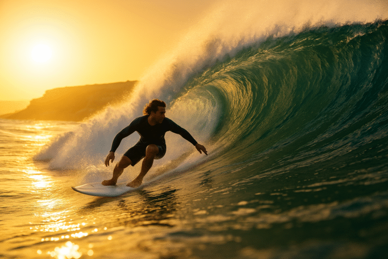a surfer riding a perfect wave at Anchor Point in Taghazout, Morocco. Surfing in Morocco