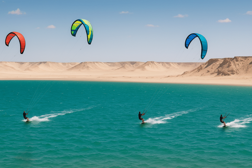 Kitesurfers flying across the lagoon in Dakhla, Morocco. Surfing in Morocco