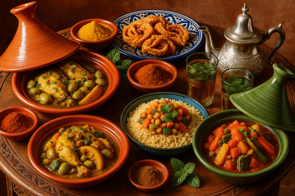 Traditional Moroccan food tagine served with couscous, vegetables, and mint tea on a colorful Moroccan table.